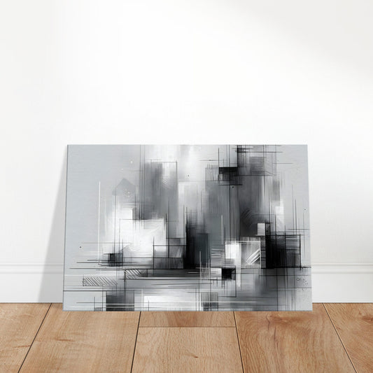 Minimalist monochrome wall art featuring sparse, strategically placed lines and shapes on a white background.