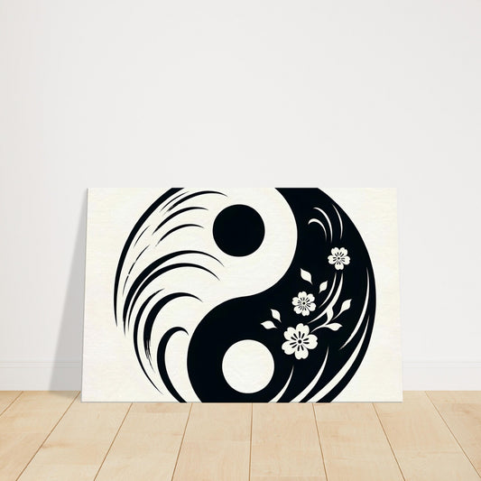 Minimalist Yin Yang symbol with cherry blossoms, black and white abstract art.