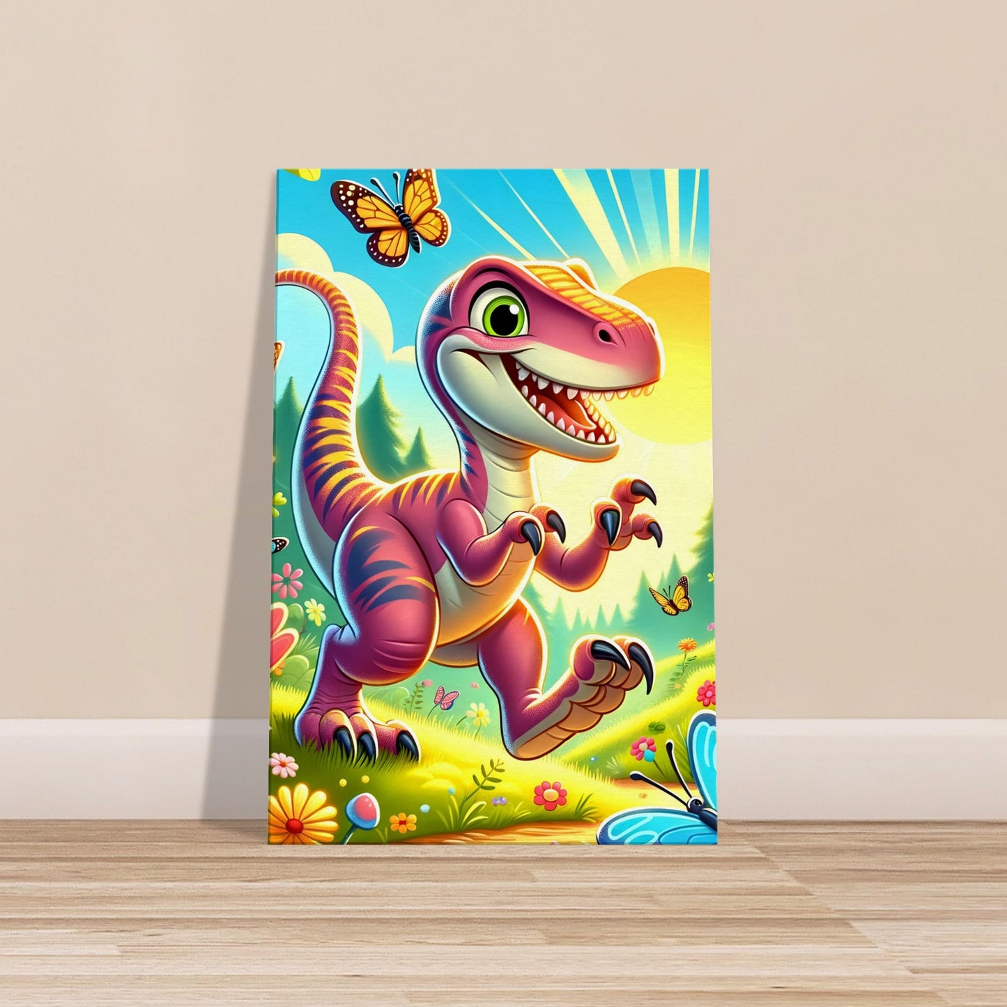 Cartoon-style Velociraptor with a cheeky grin chasing butterflies in a sunlit forest with whimsical elements.