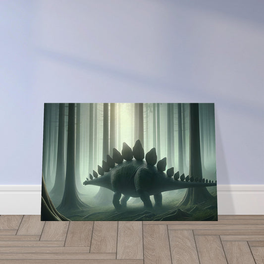 Wall art of a Stegosaurus silhouetted against dawn light, walking through a misty prehistoric forest.