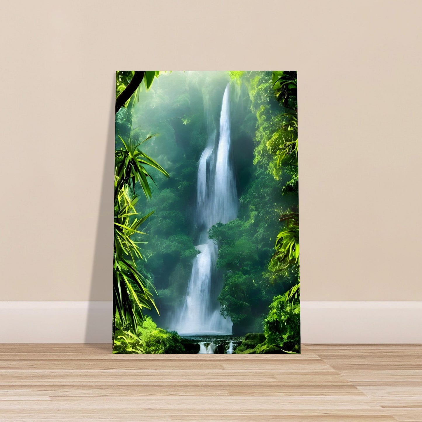 Jungle waterfall surrounded by mist and lush tropical greenery in a serene rainforest setting.