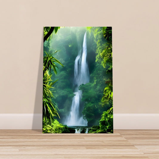 Jungle waterfall surrounded by mist and lush tropical greenery in a serene rainforest setting.