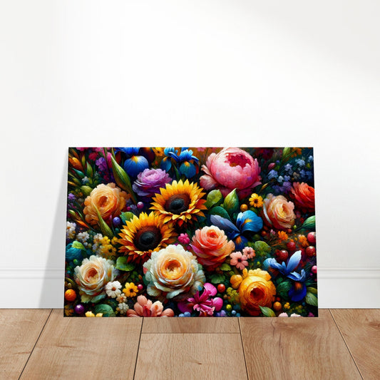 Colorful floral painting featuring sunflowers, pink peonies, and purple irises with expressive brushstrokes and rich detail.