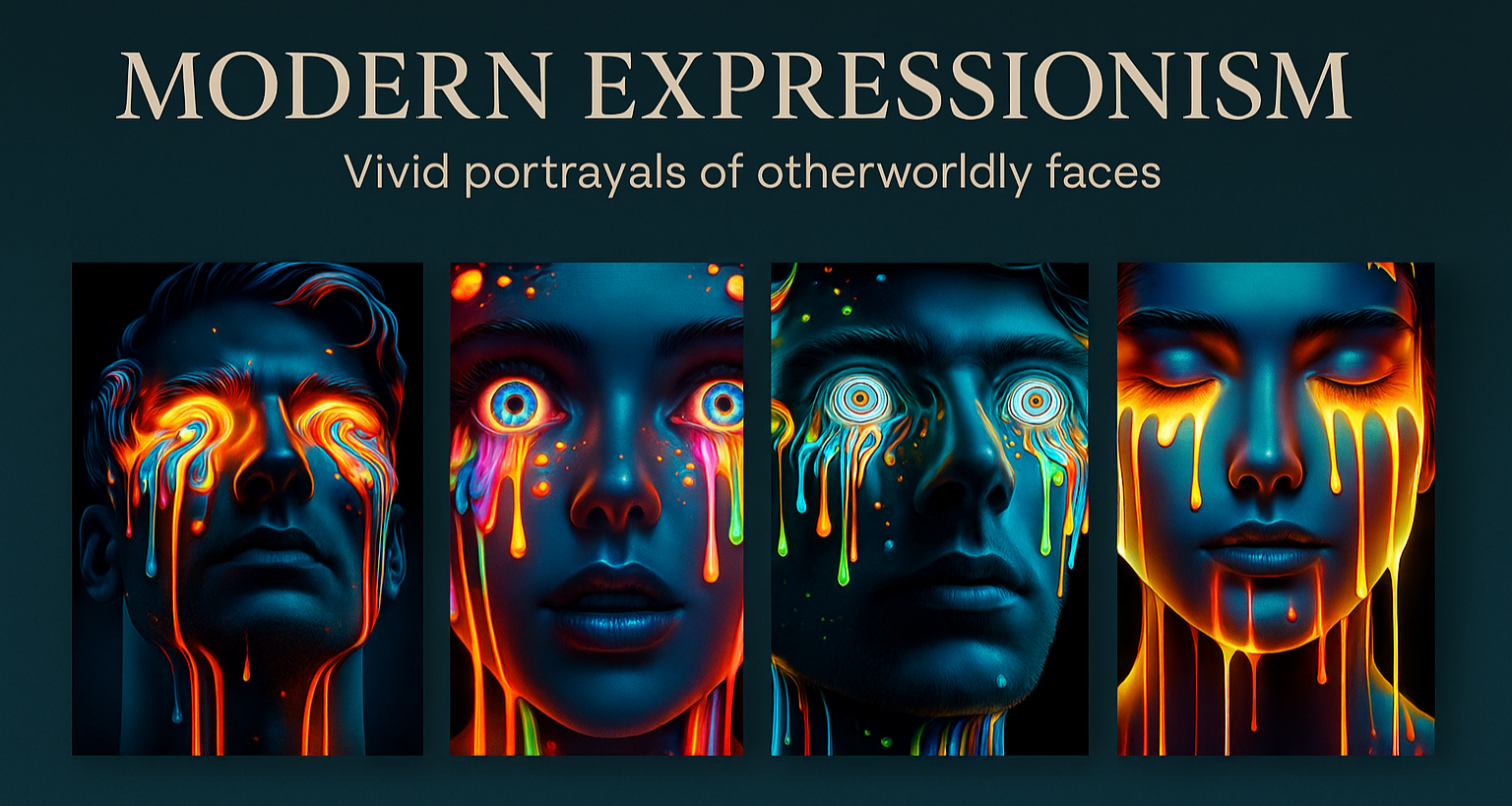 A 3:2 promotional digital banner showcasing four surreal neon-drip portrait artworks from the Modern Expressionism Collection, featuring vibrant paint streaks flowing from the eyes of digitally illustrated male and female faces against minimal white-panelled and wooden interior backgrounds; bold central header reads “Modern Expressionism Canvas Art” with tagline “Unfiltered Emotion in Vivid Colour”, and promo box below displays “🖼️ UP TO 25% OFF – CODE: 25OFFCANVAS” along with a Canvas Connoisseurs logo.