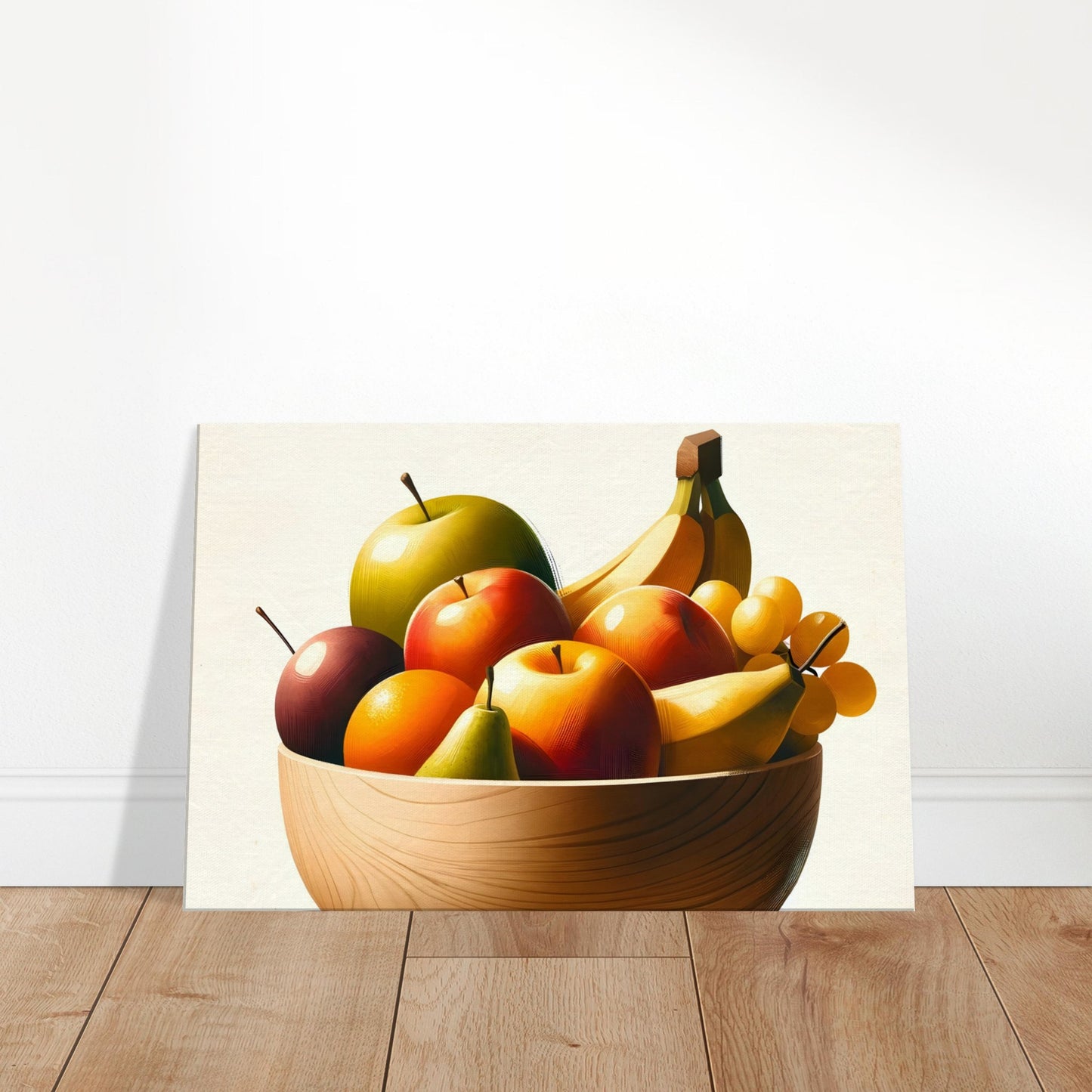 Canvas art depicting a wooden bowl filled with apples, grapes, bananas, and passion fruit with soft sunlit highlights.