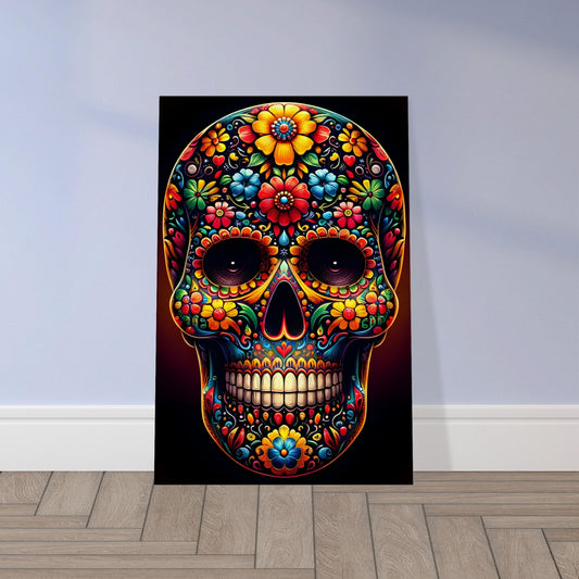 Front-facing Mexican skull artwork with colorful motifs and floral patterns on a dark background, celebrating Día de los Muertos.