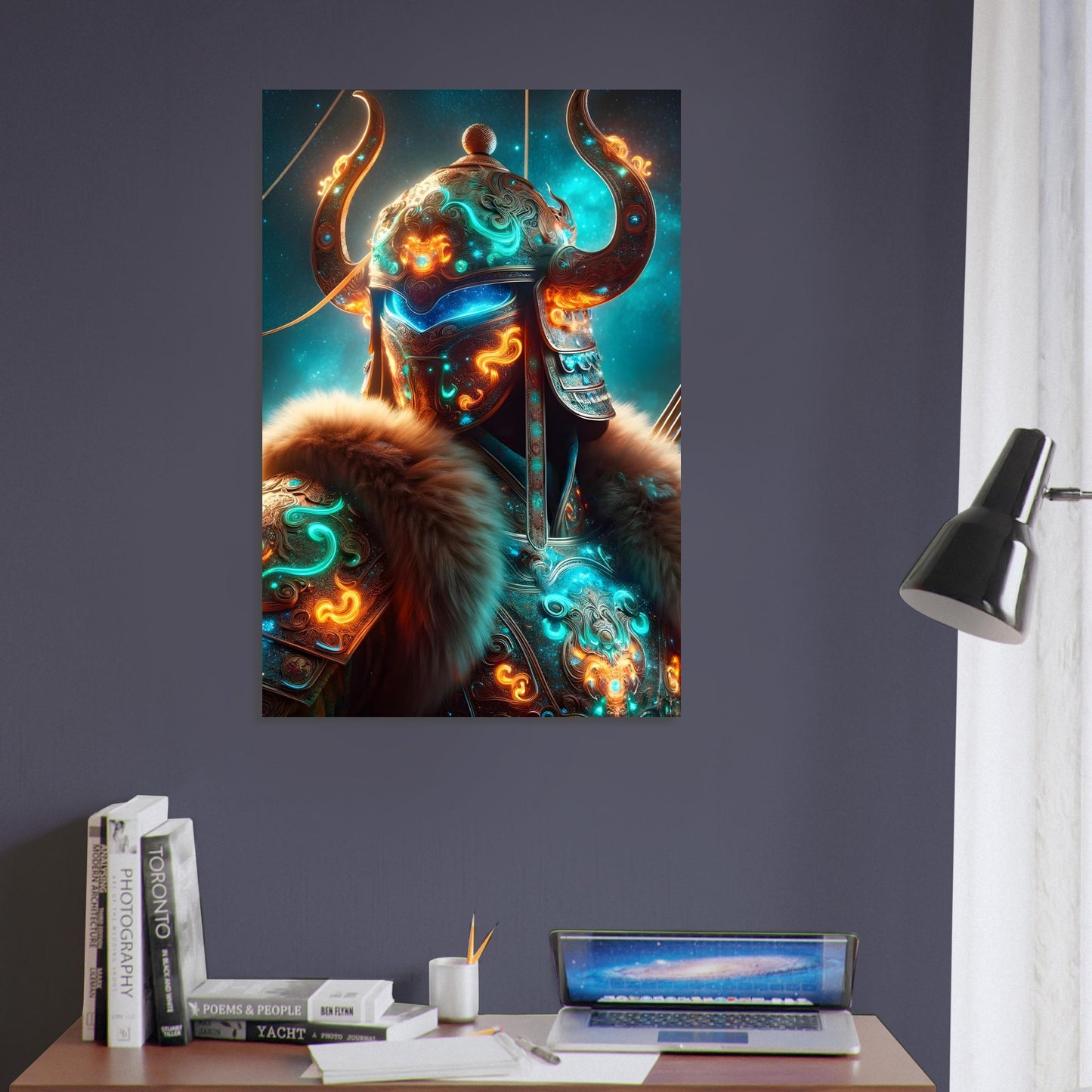 A Mongolian warrior in traditional armor with glowing turquoise and orange designs stands beneath a starlit sky on the Mongolian steppe.