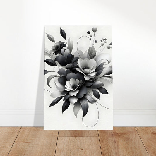 Black and white floral painting featuring detailed flowers and leaves with strong light-shadow contrast.