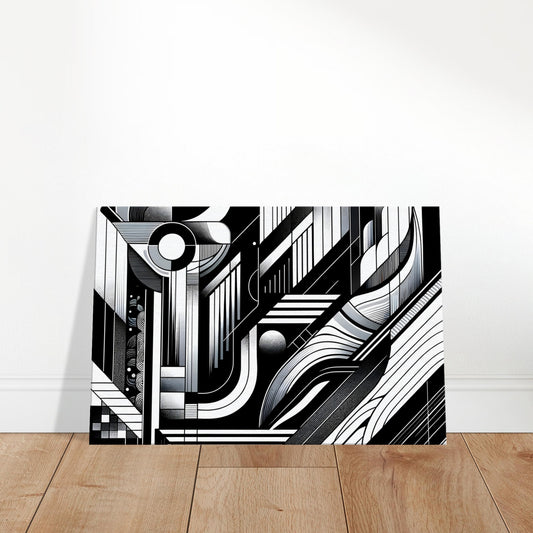 Black and white abstract canvas art featuring geometric shapes and fluid lines, with a balanced composition and elegant visual depth.