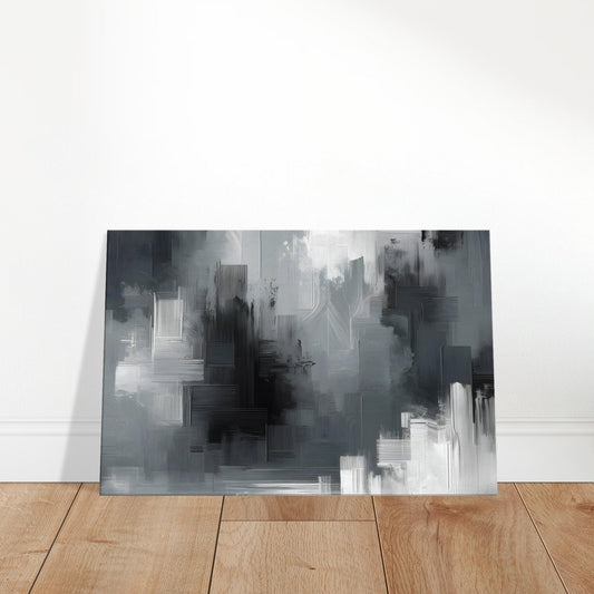 Abstract canvas art featuring thick, varied grayscale brushstrokes arranged in a mosaic-like textured pattern.