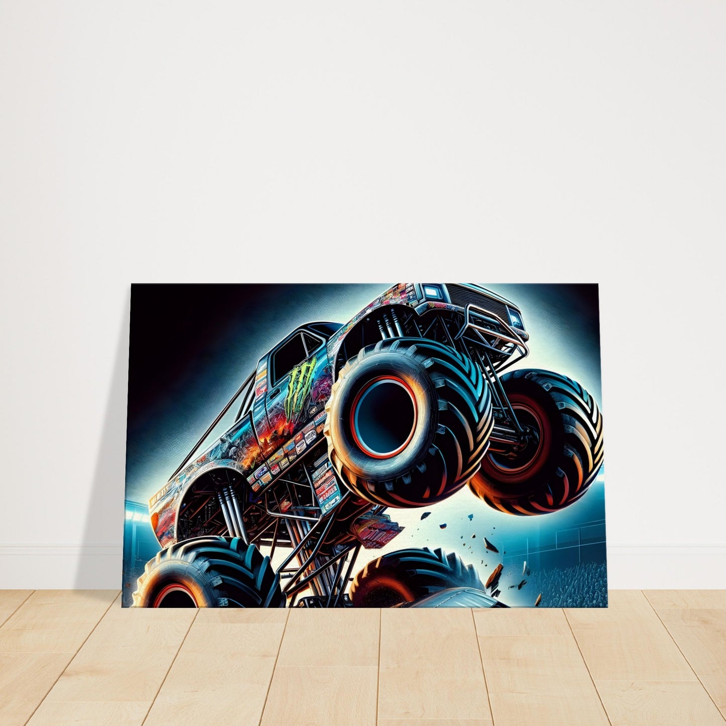 Monster truck soaring above crushed cars with spectators in background, capturing intense motion and motorsport excitement.