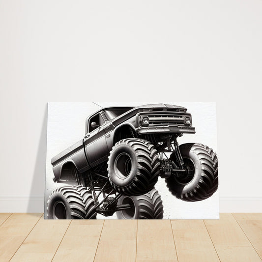 Monochrome sketch of a monster truck mid-air, showing intricate detail and bold, powerful form.
