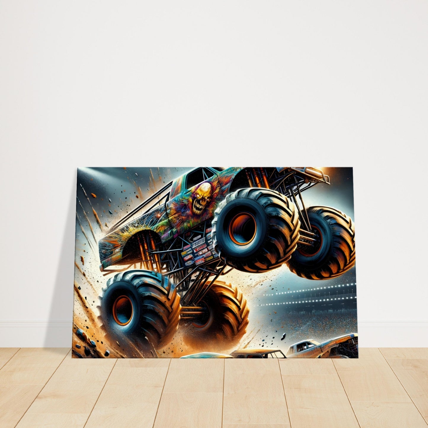 Monster truck crushing metal mid-air with sparks flying, skull-painted body, and dramatic lighting capturing intense motion.