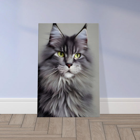Monochrome portrait of a Maine Coon cat with detailed fur and intense green eyes, highlighted by moody lighting and soft shadows.