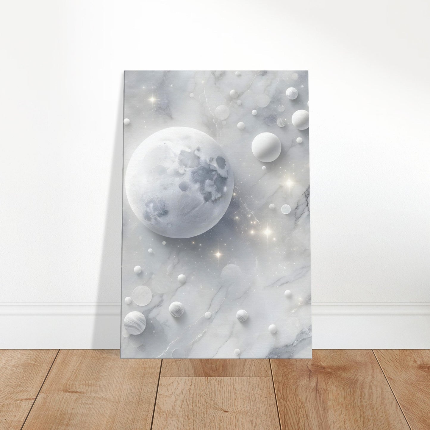 White marble wall art with soft grey and pearlescent veining and a polished finish, evoking moonlight and calm.