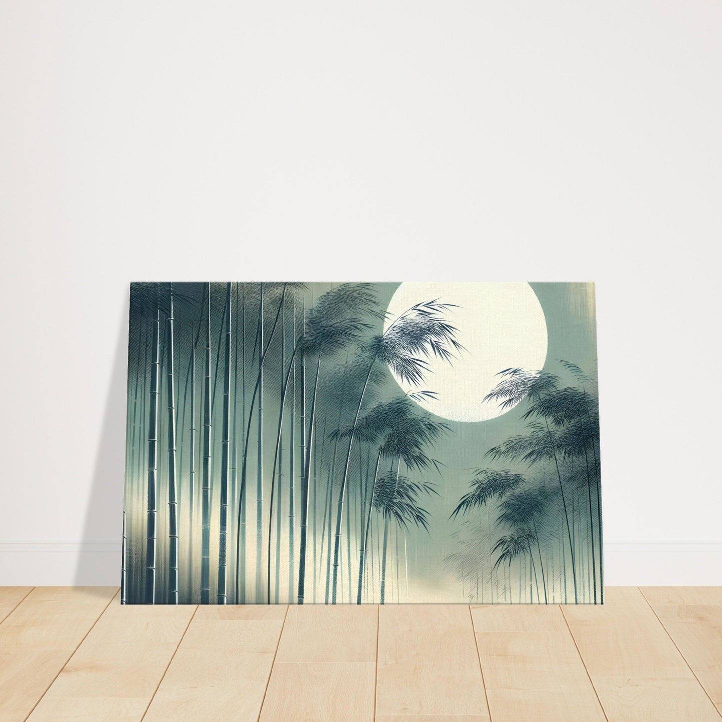 Moonlit bamboo forest at night with tall stalks swaying gently under a soft, glowing sky.