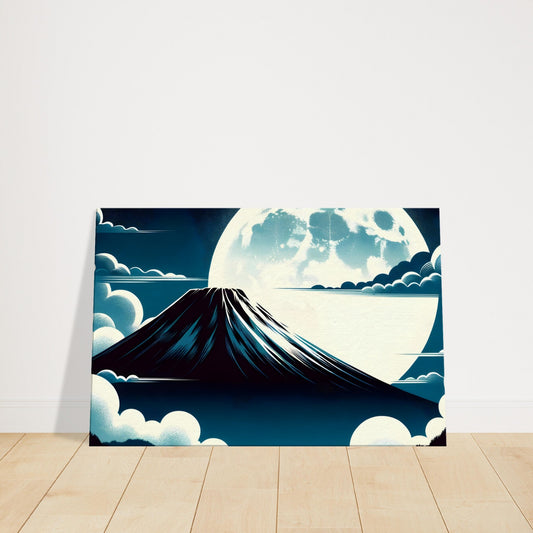 Mountain peak under a glowing full moon with clouds and night sky in deep blue and white tones.