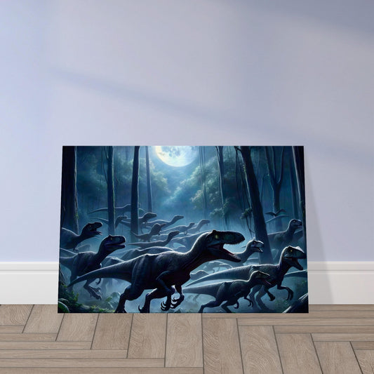 Wall art showing a pack of velociraptors stealthily moving through a dense, moonlit prehistoric forest with glowing eyes.