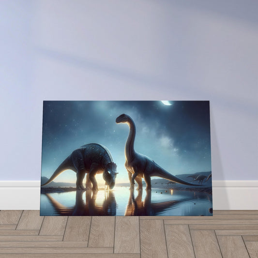 Wall art of two dinosaurs by a waterhole at night, illuminated by moonlight and stars in a peaceful prehistoric setting.