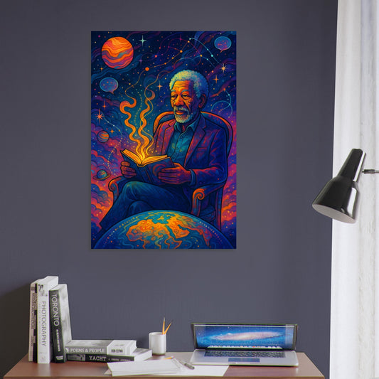 Morgan Freeman seated in space reading a glowing book surrounded by planets and digital code streams – cosmic metal poster.