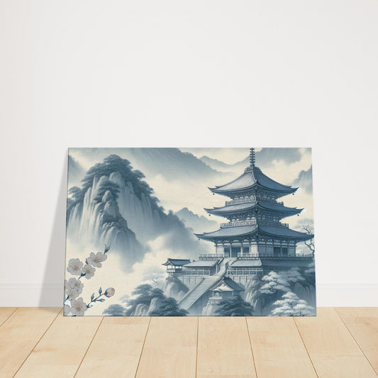 A mist-covered mountaintop temple with blooming cherry blossoms in the foreground and distant mountains fading into fog.