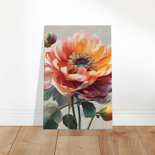 Painting of a single rose with multi-colored petals in vibrant shades, set against a soft, neutral background.