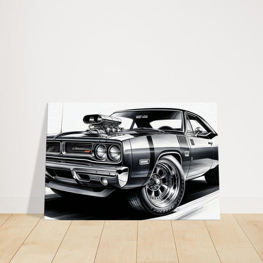 Monochrome sketch of a classic American muscle car with aggressive stance and powerful design.