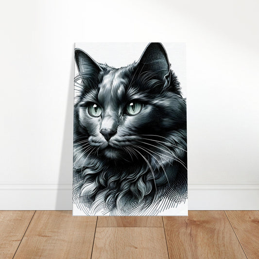 Monochrome sketch of a Russian Blue cat with green eyes, sleek fur, and a calm, poised expression.