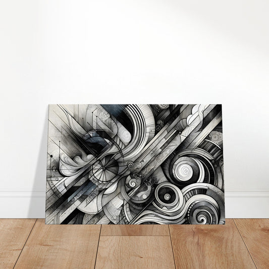 Grayscale pencil sketch featuring abstract interwoven lines and shapes with detailed shading and texture.