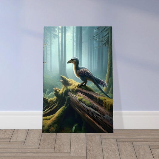 Wall art of a small, feathered dinosaur with colorful plumage standing alert in a misty, ancient forest setting.