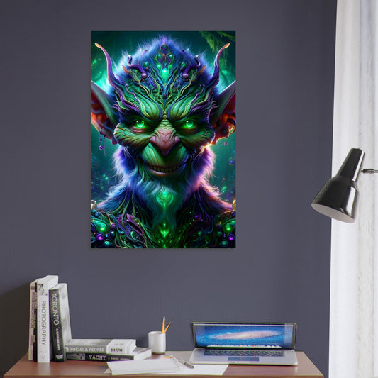 Metal poster of a Goblin with glowing green eyes, emerald skin, and violet-blue accents in a dim, bioluminescent forest.