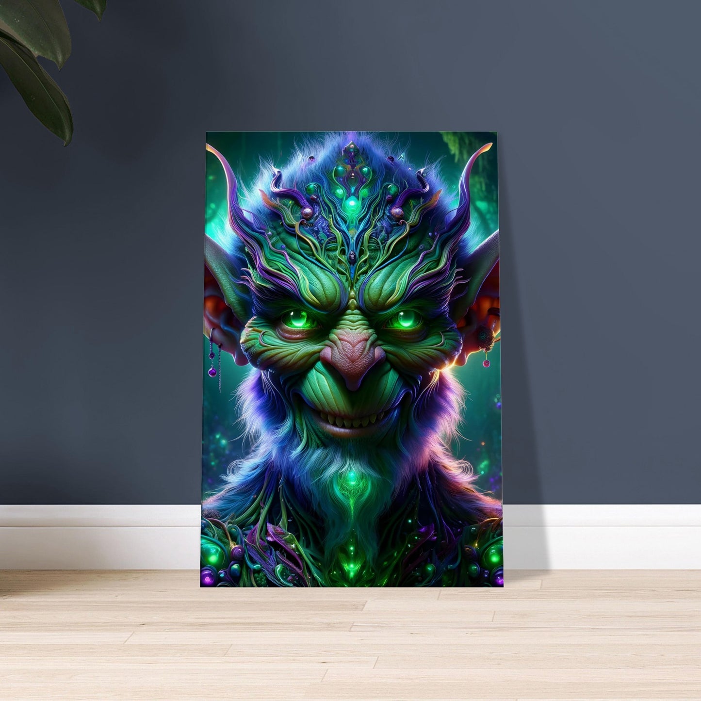 Artwork of a mischievous Goblin with glowing green eyes and green-purple-blue skin in a glowing, enchanted forest.