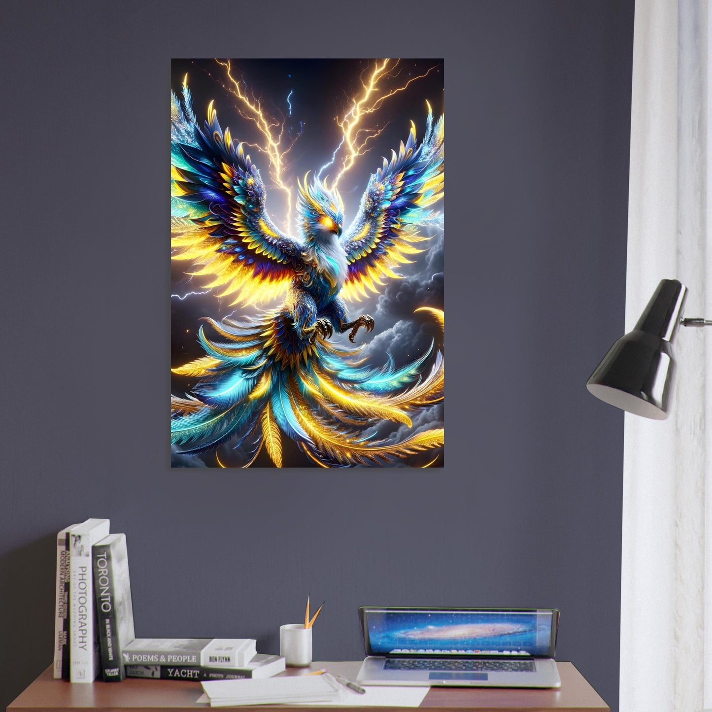 Metal poster of a colossal Roc bird with outstretched wings flying above rugged mountain peaks under a dramatic sky.