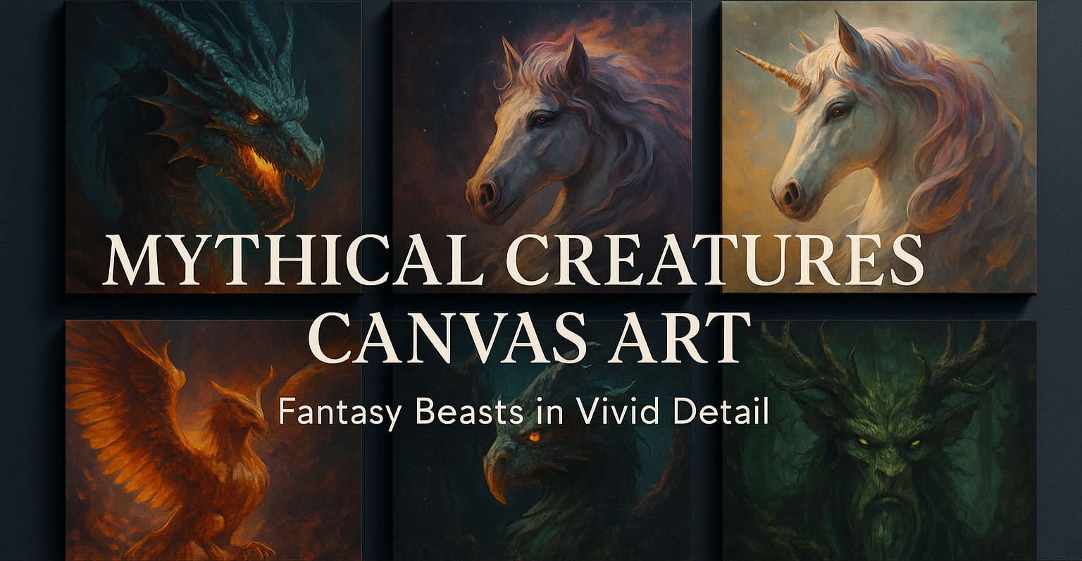 Canvas art of mythical creatures with promotional text for Canvas Connoisseurs.