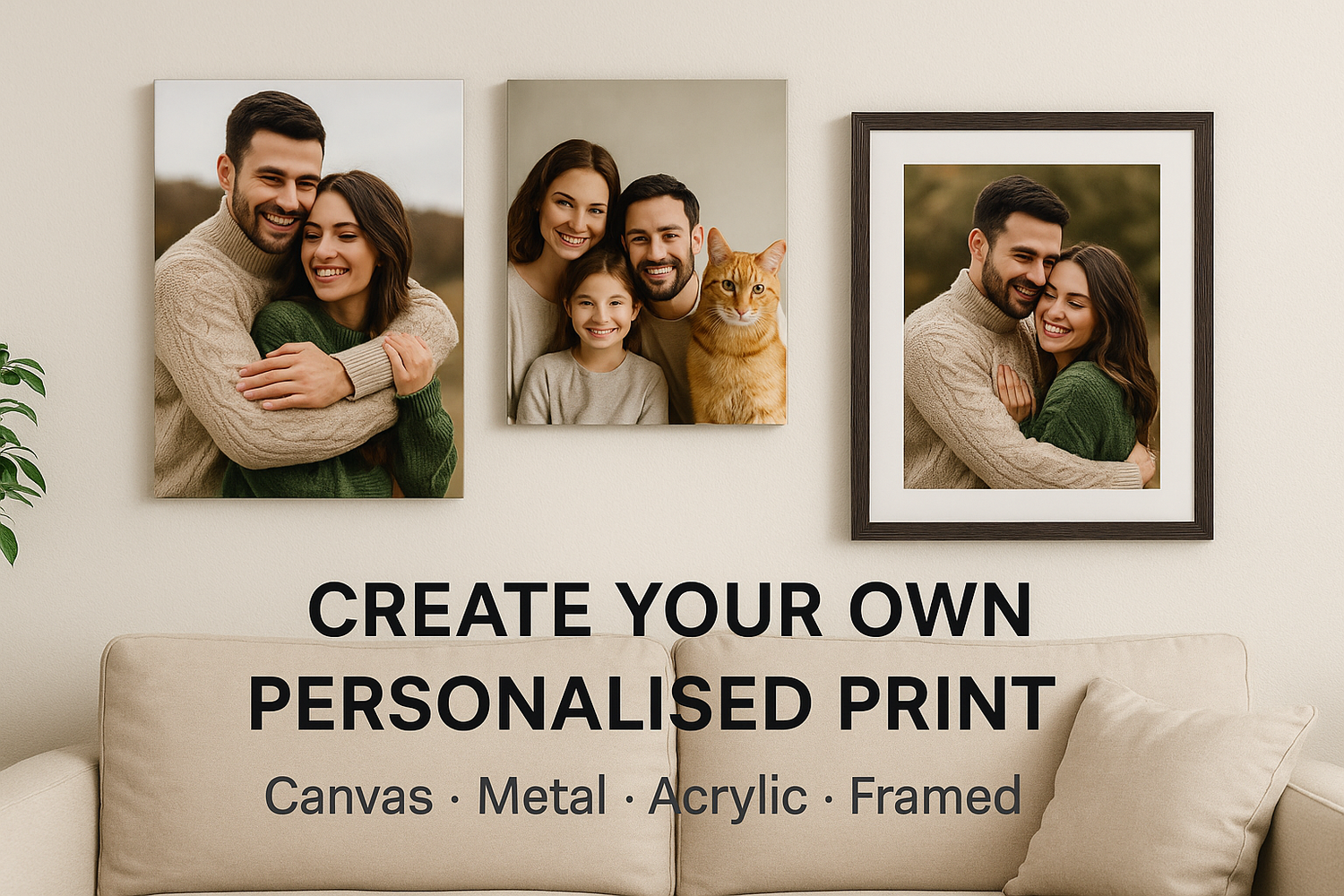 A 3:2 landscape banner showing four personalised wall art formats—canvas, metal, acrylic, and framed—displayed in a cozy living room above a beige sofa, featuring photos of a couple, a smiling family, and a pet cat, with centred text reading “Create Your Own Personalised Print – Canvas · Metal · Acrylic · Framed.”