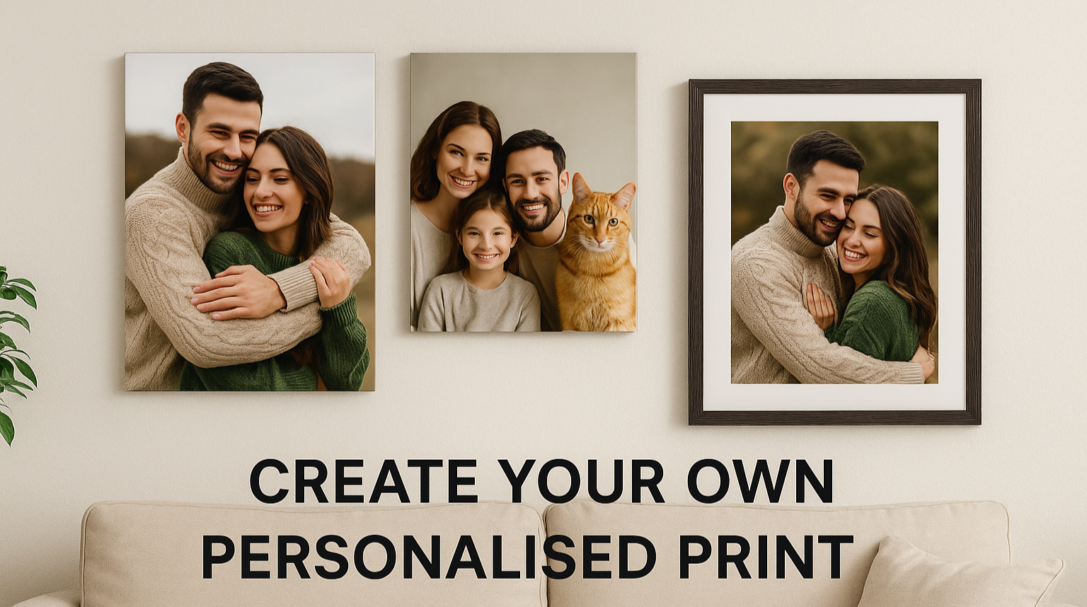 A 3:2 landscape banner showing four personalised wall art formats—canvas, metal, acrylic, and framed—displayed in a cozy living room above a beige sofa, featuring photos of a couple, a smiling family, and a pet cat, with centred text reading “Create Your Own Personalised Print – Canvas · Metal · Acrylic · Framed.”