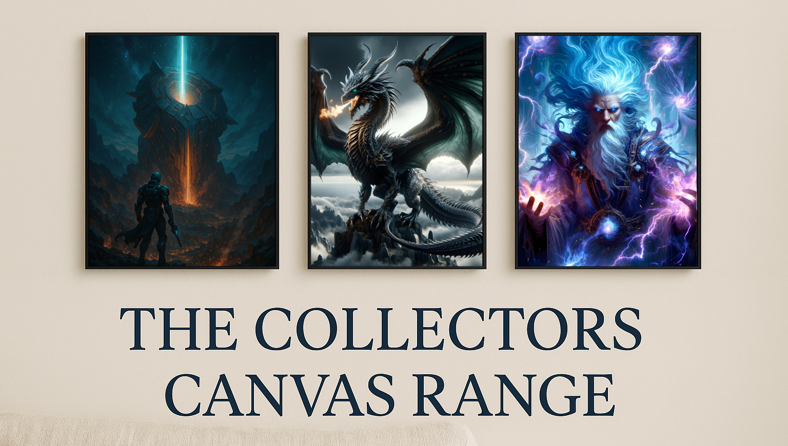 Living room wall with three canvas artworks on the wall, a game scene, an anime sage and a dragon. Text 'Collectors Range' and 'Exclusive Limited Edition Wall Art' is displayed.