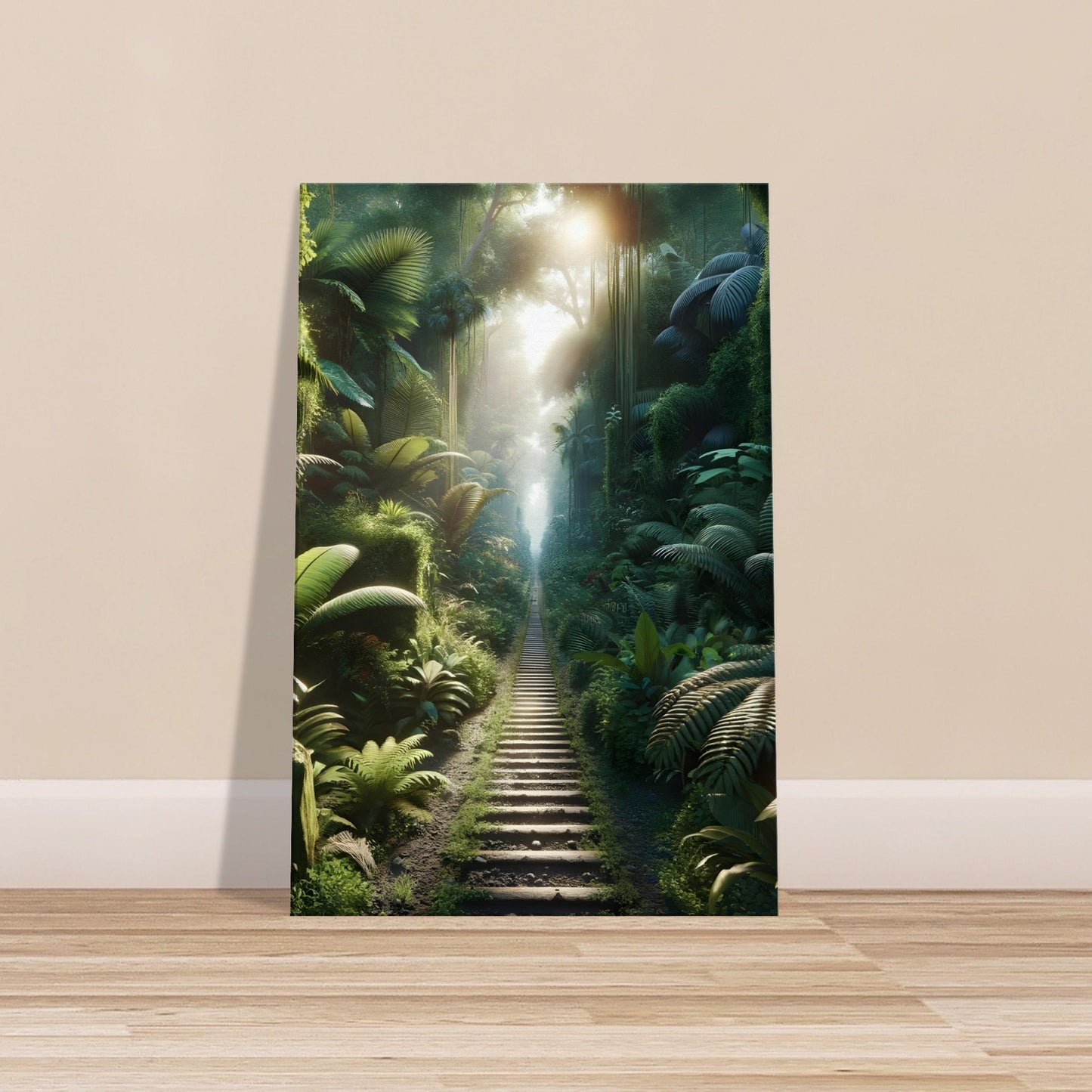 Jungle walkway surrounded by dense tropical foliage with sunlight filtering through the canopy.