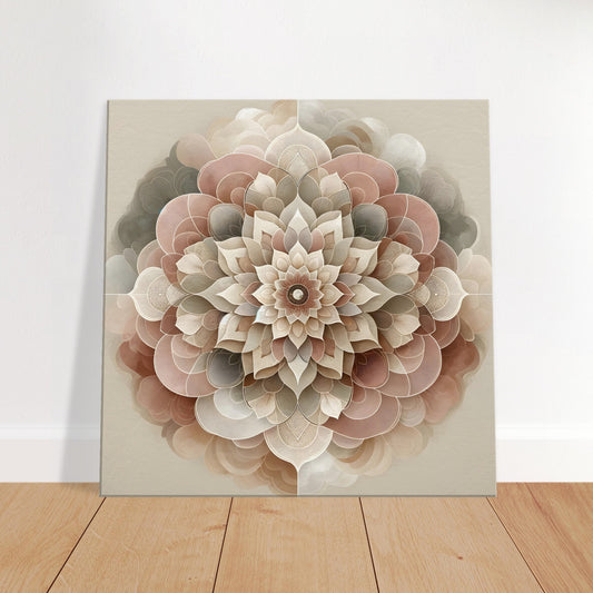 Mandala artwork with geometric and organic patterns in dusty rose, soft beige, and ivory, evoking calm and natural elegance.