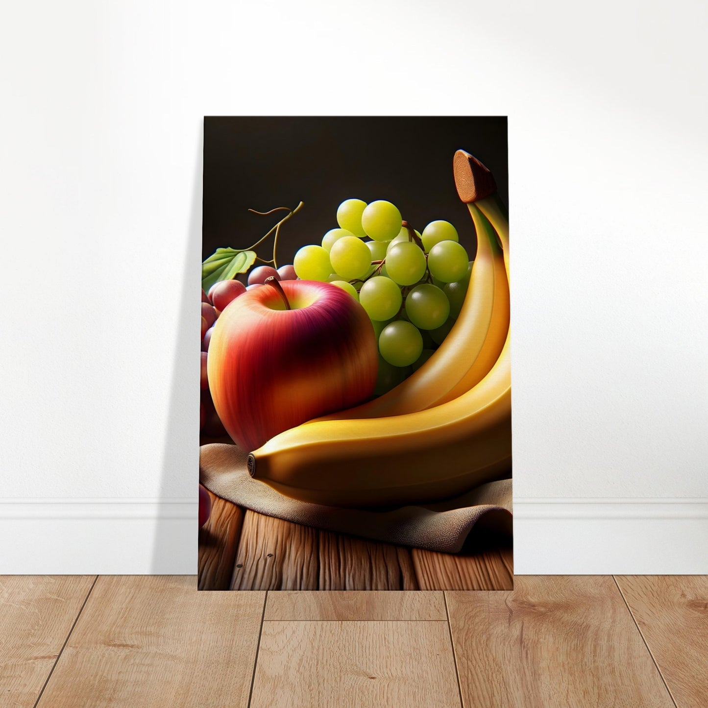 Canvas art depicting a variety of fresh fruits including grapes and apples on a rustic wooden table with a textured cloth.