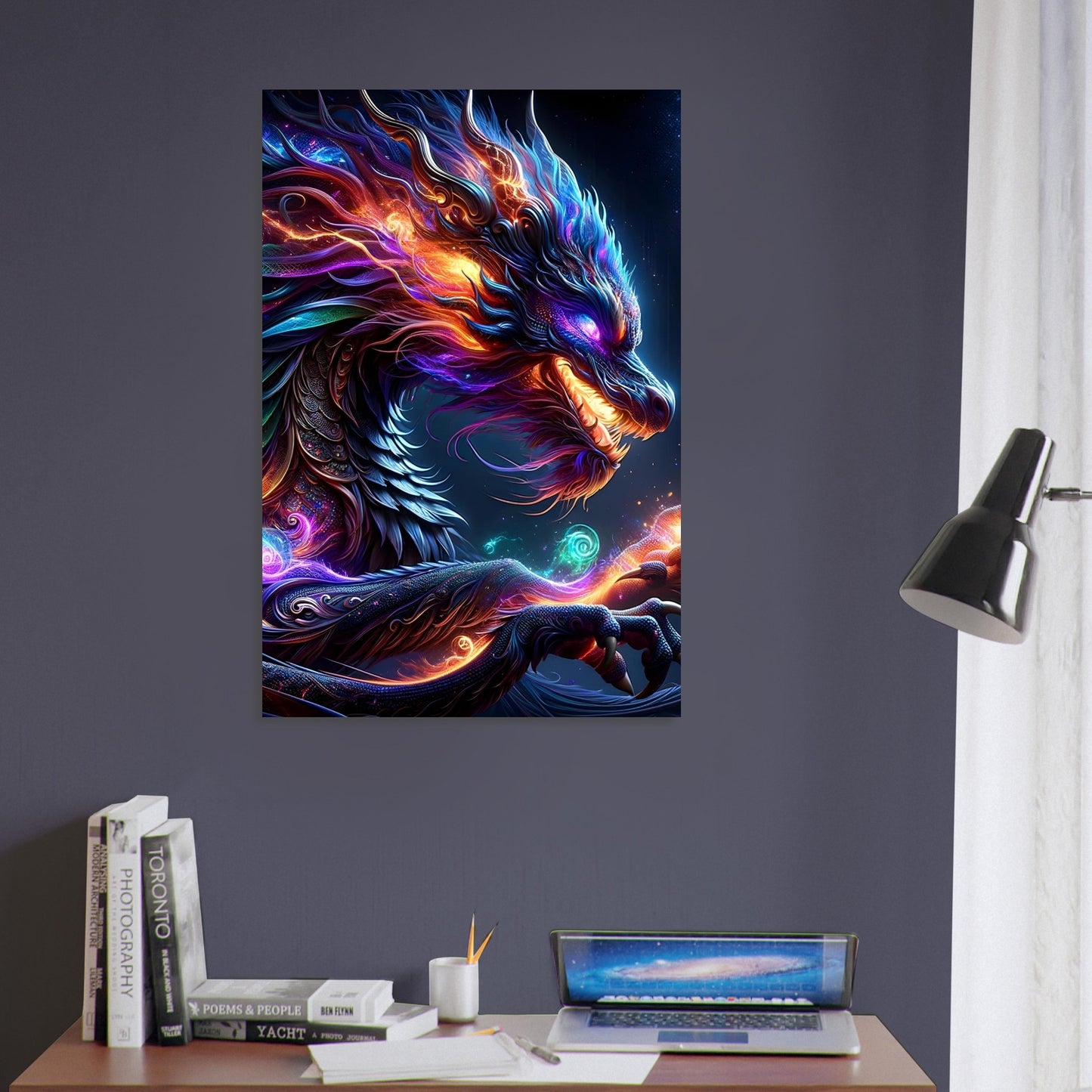 Metal poster of a glowing galactic sea serpent with blue, green, purple, and red highlights coiling through a star-filled cosmic backdrop.