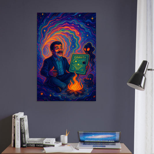 Neil deGrasse Tyson floating in a colorful galaxy with wormholes and a glowing chalkboard explaining gravity to a sentient singularity.