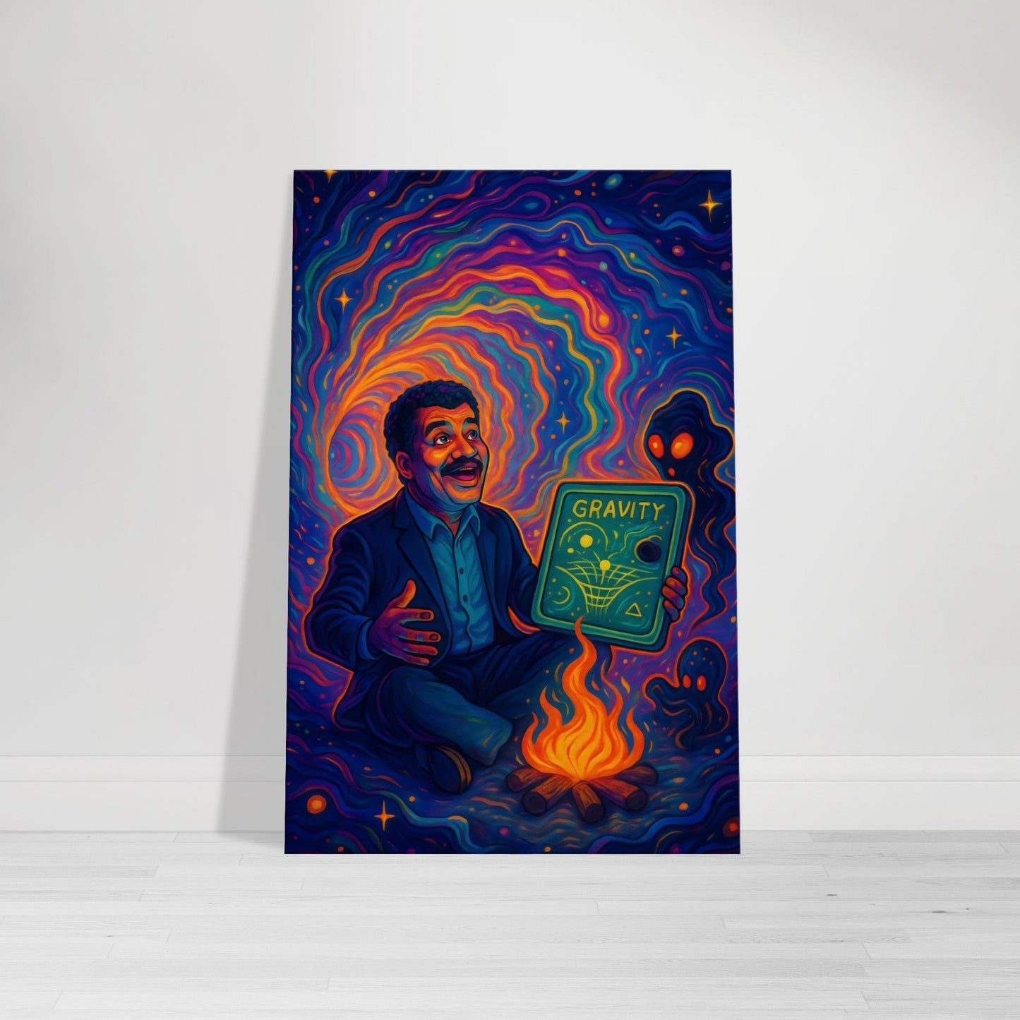 Cartoon of Neil deGrasse Tyson floating through a wormhole with a glowing chalkboard, surrounded by galaxies and a sentient black hole.