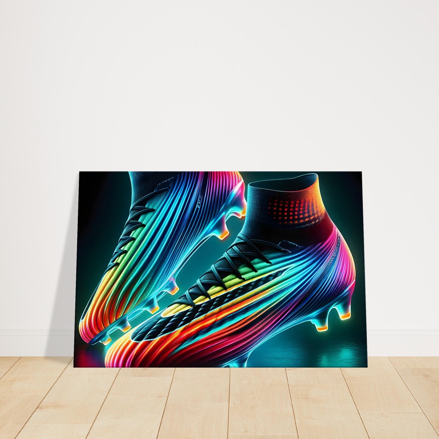 Canvas print of high-tech football boots glowing with vibrant neon colors and dynamic design.