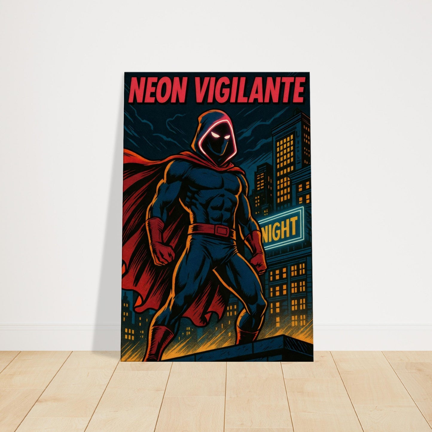 Comic-book artwork of masked vigilante on rooftop under neon lights with glowing city skyline behind.