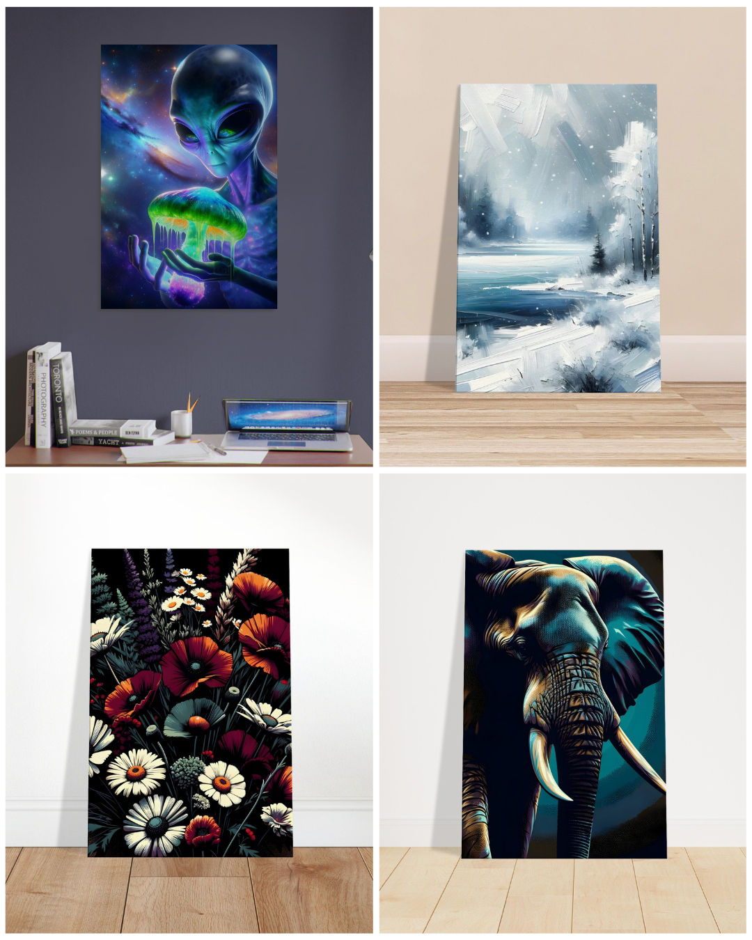 Four different artworks displayed on a wall and floor.