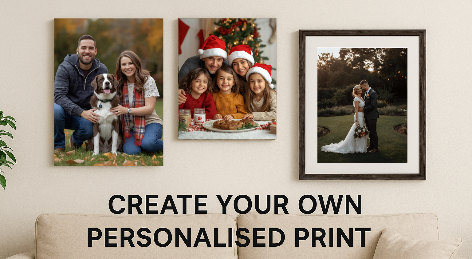 A 3:2 landscape banner showing three personalised wall art formats—canvas, metal, and framed, displayed in a cozy living room above a beige sofa, featuring photos of a couple, a smiling family, and a pet cat, with centred text reading “Create Your Own Personalised Print".