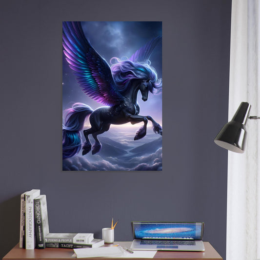 Metal poster of a black Pegasus with glowing purple and blue wings flying above misty mountains under a starry night sky.