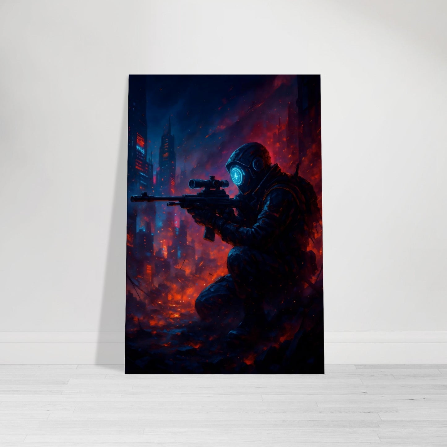 Cyberpunk sniper crouching with glowing visor skull overlay on fiery battlefield.