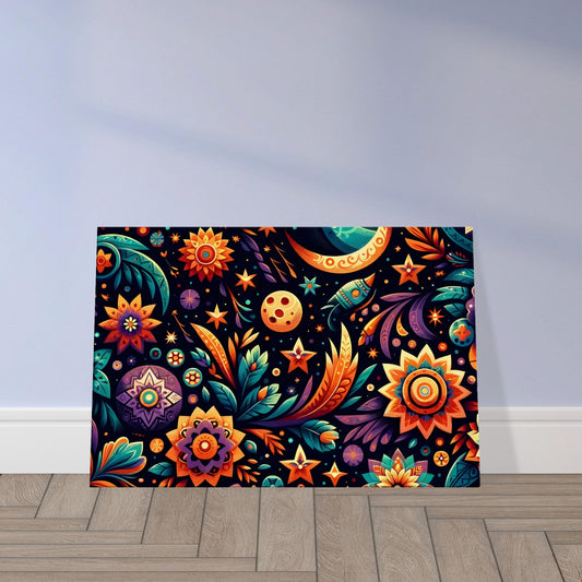 Mexican artwork featuring colorful, intricate floral patterns symbolizing flowers under a night sky.